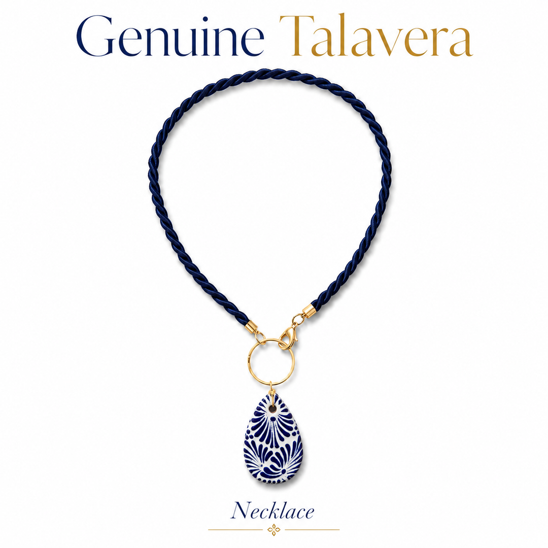 Genuine Talavera teardrop necklace with blue and white ceramic pendant, navy twisted cord, and gold-tone ring by Bootsologie
