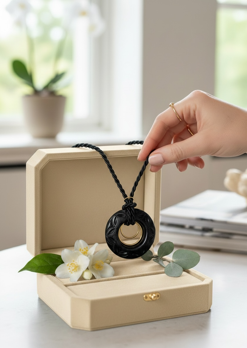 Handmade Barro Negro statement necklace styled on elegant jewelry box featuring hand carved black clay pendant with double gold rings and artisan Oaxaca craftsmanship by Bootsologie