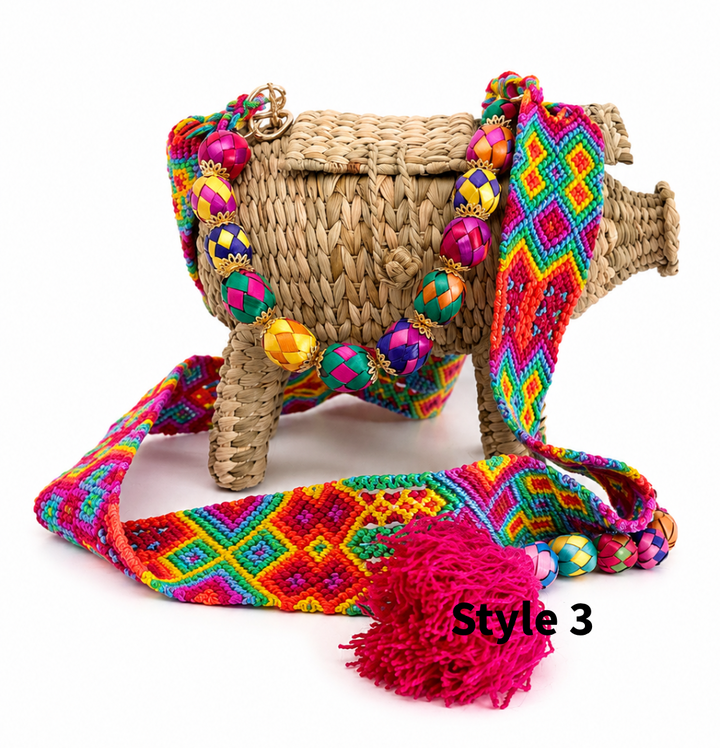 Bootsologie handmade pig crossbody bag with top handle, colorful strap and natural woven straw body