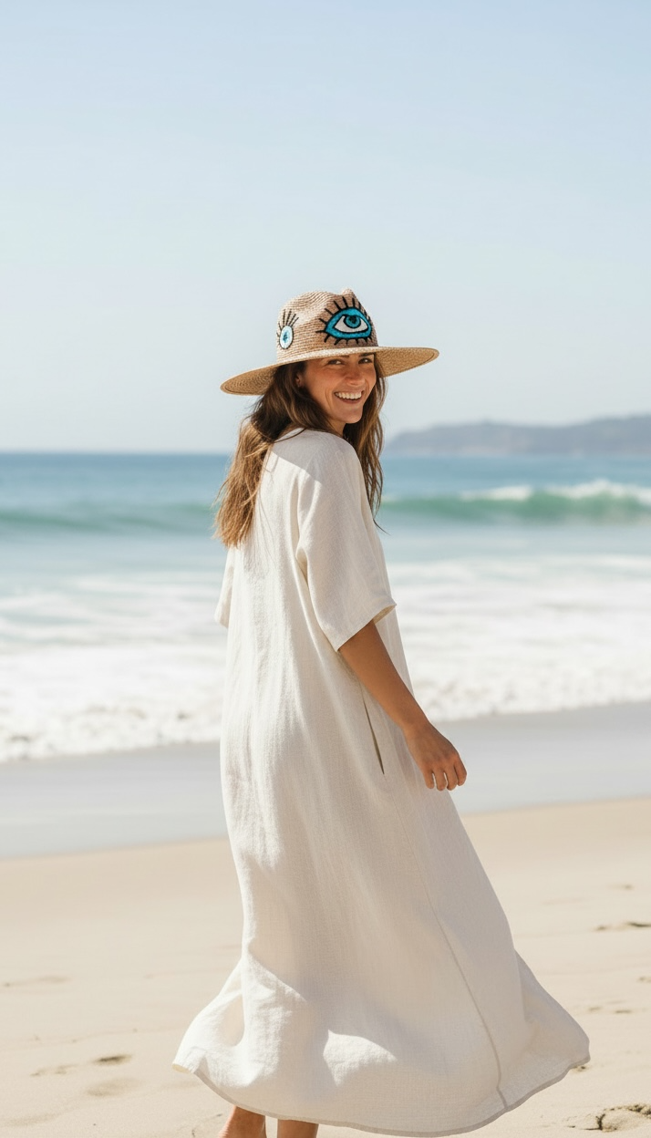 Woman styling wide brim Mexican straw hat with embroidered eye design for beach, resort, or festival wear