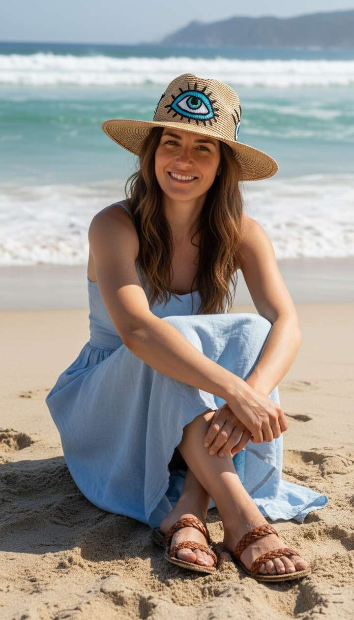 Model wearing Mexican straw sun hat with embroidered eye motif for a boho summer vacation outfit