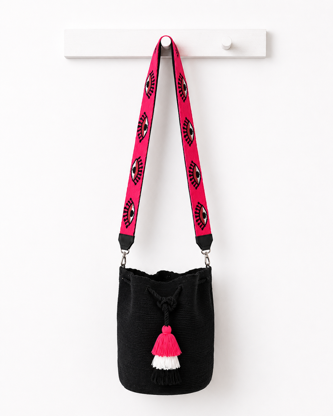 Black Wayuu Mochila Bag with Eye Motif Strap