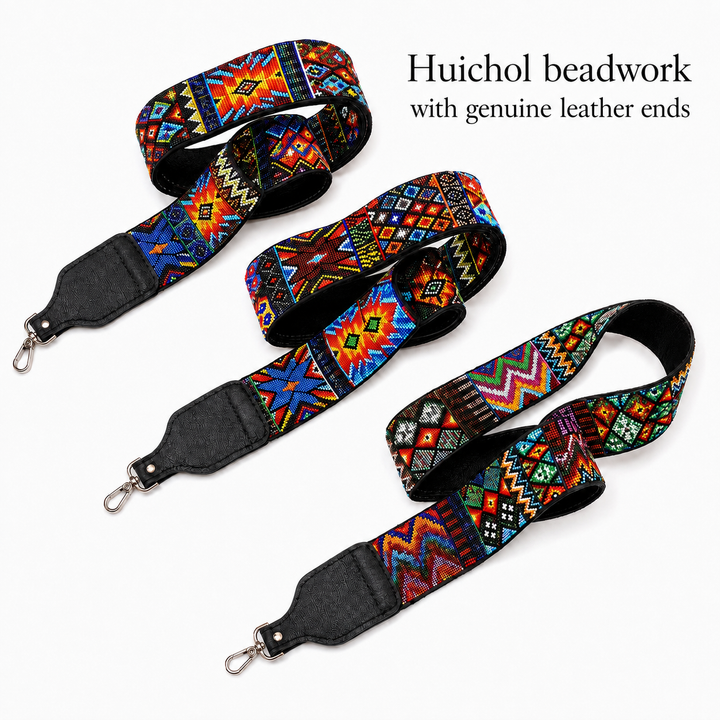 Huichol Beaded Purse Strap with Genuine Leather