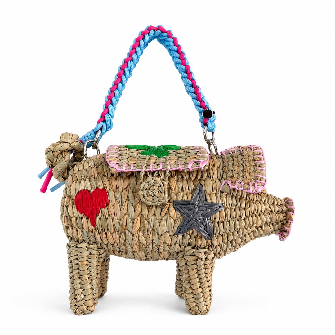 Hand Embroidered Pig Straw Bag Clutch – One of a Kind Woven Animal Handbag