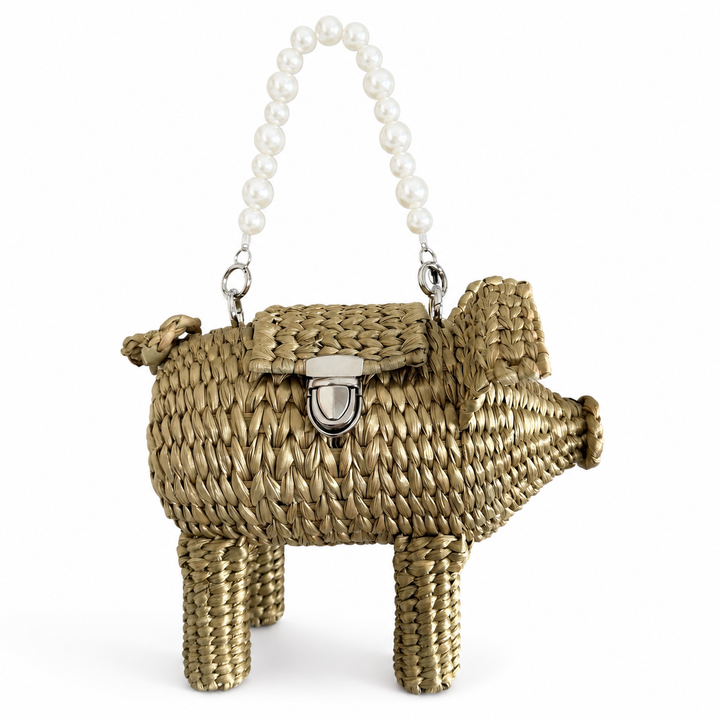 Pig Pearl Palm Crossbody Bag – Handwoven Gold Straw Animal Bag with Pearl Detail