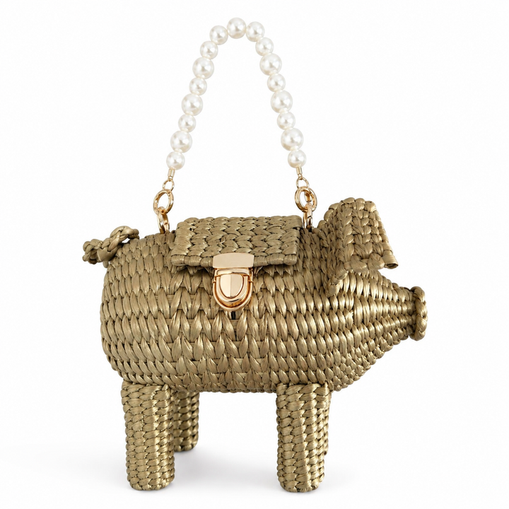 Pig Pearl Palm Crossbody Bag – Handwoven Gold Straw Animal Bag with Pearl Detail