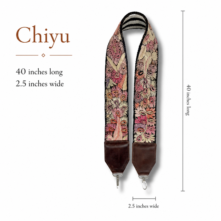     Chiyu Guatemalan embroidered bag strap in pink, cream and brown with genuine dark-brown leather ends.
