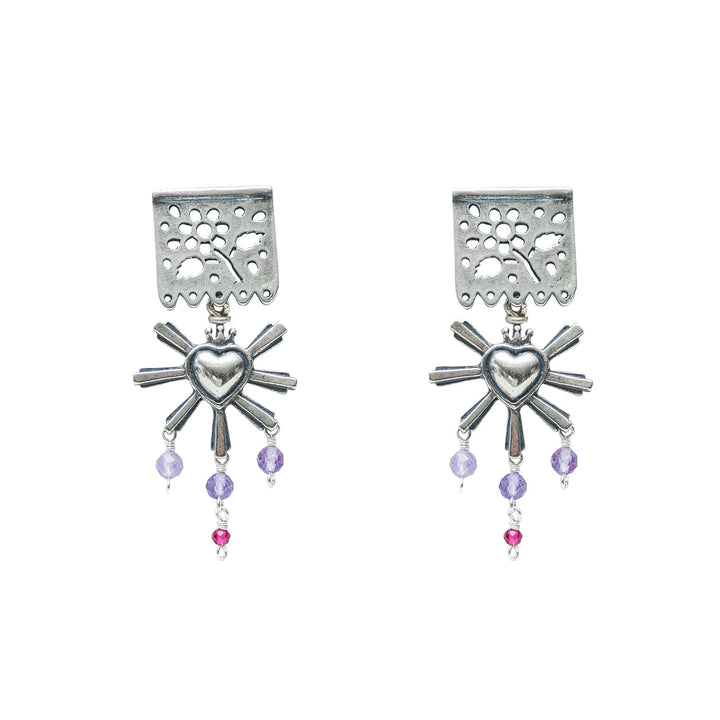 Silver Papel Picado Sacred Heart Earrings