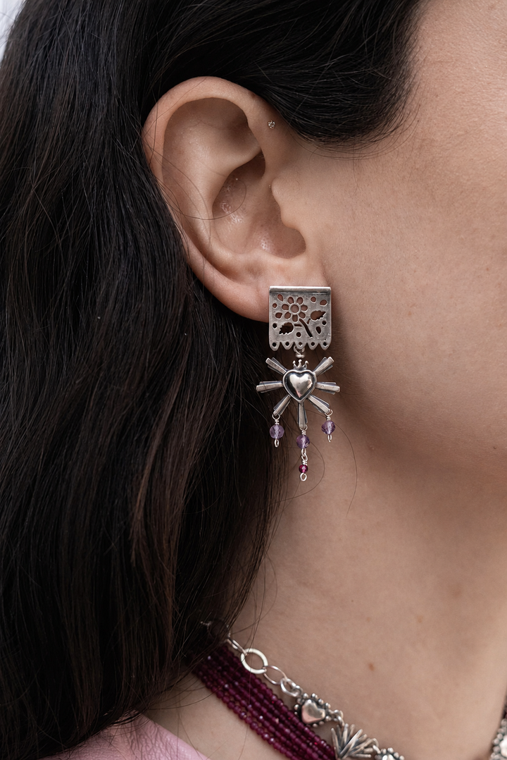 Silver Papel Picado Sacred Heart Earrings