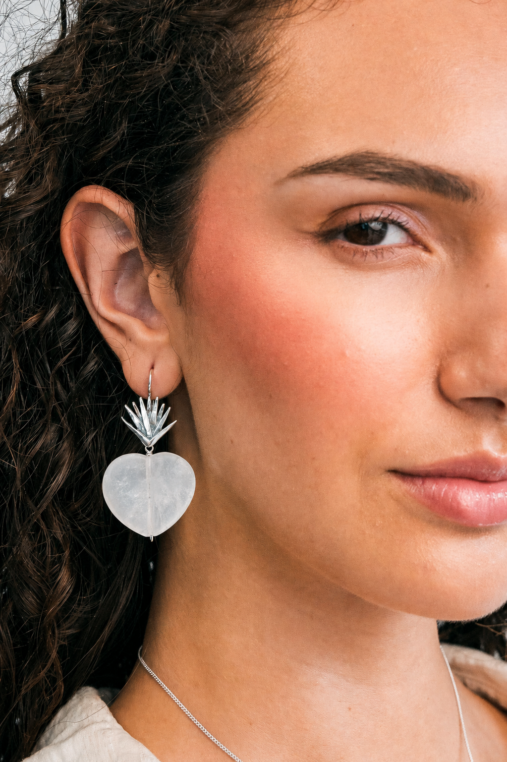 Silver Agave &amp; Quartz Heart Earrings