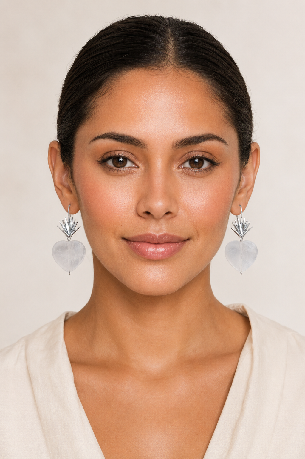 Silver Agave &amp; Quartz Heart Earrings