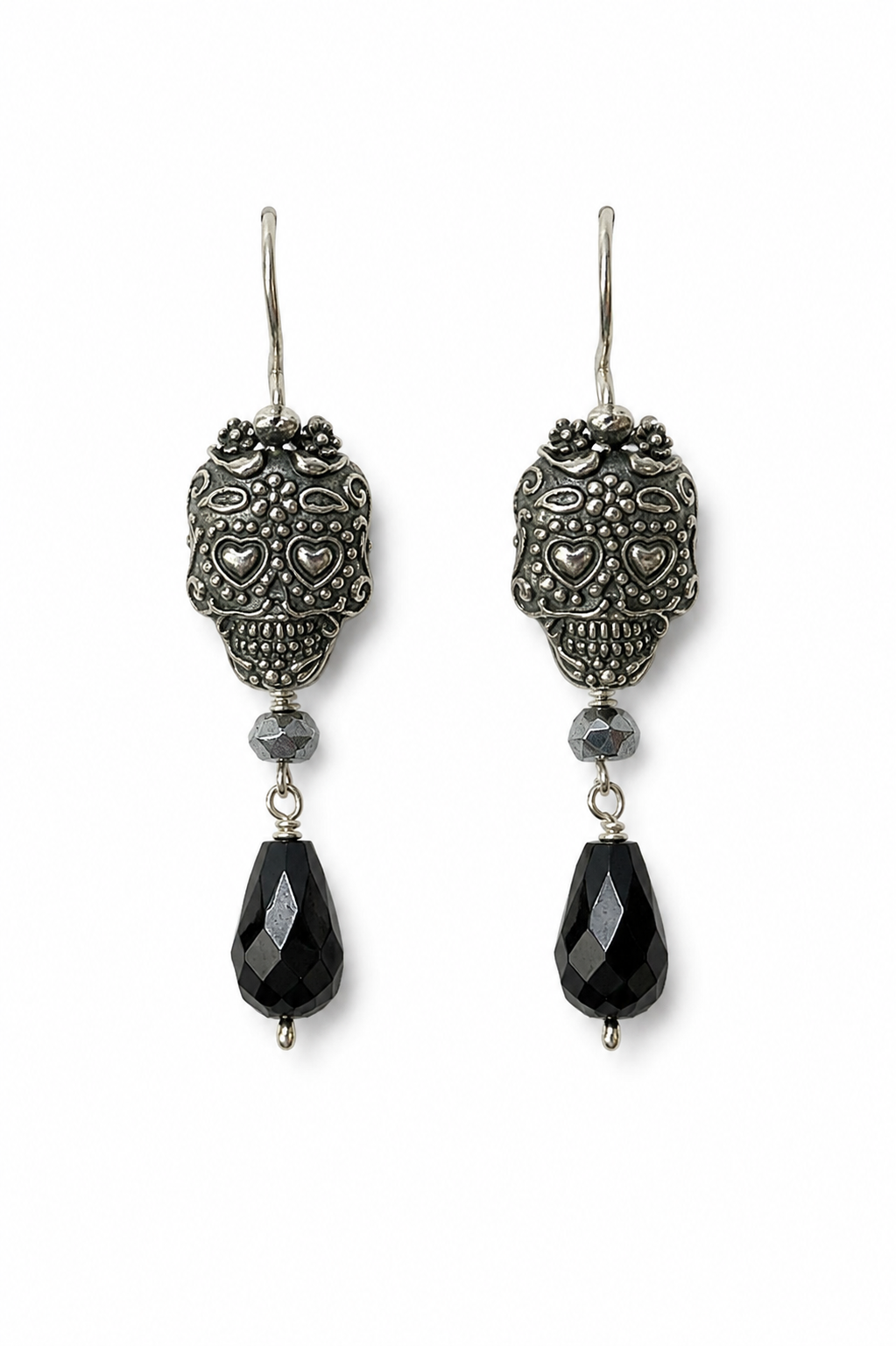 Mexican Silver Sugar Skull &amp; Black Onyx Earrings