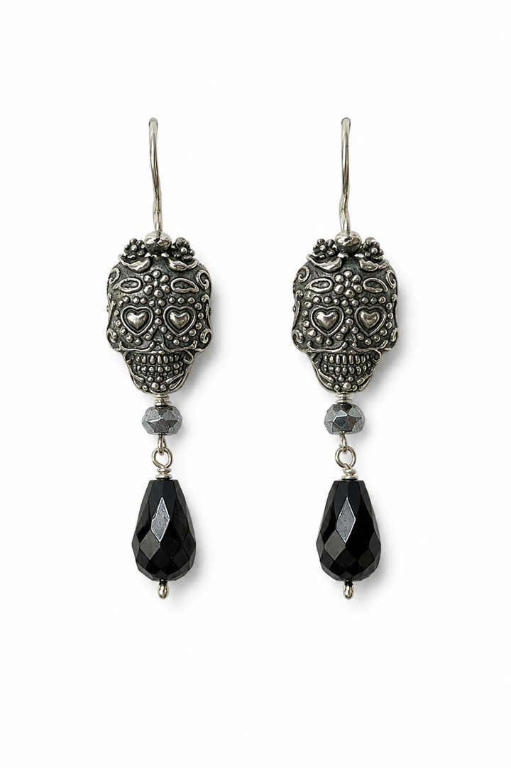 Mexican Silver Sugar Skull &amp; Black Onyx Earrings