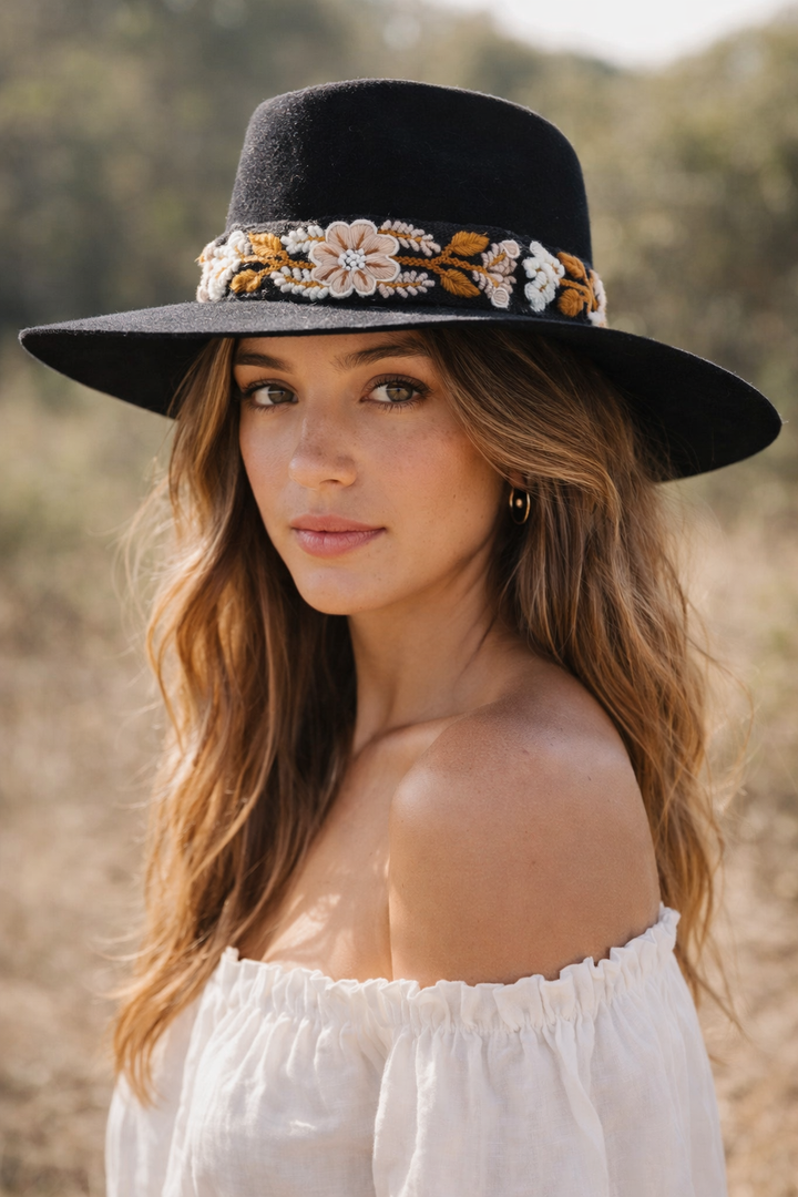 Women’s Wool Felt Fedora Hat with Hand Embroidered Band | Boho Wide Brim Hat