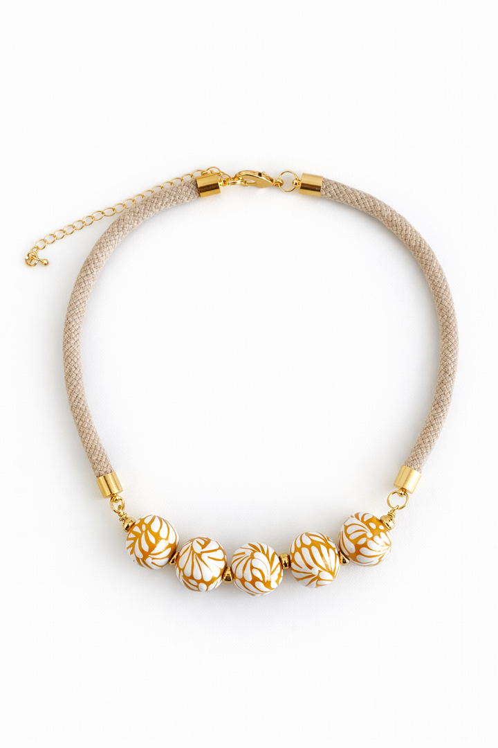 Talavera White &amp; Gold Ceramic Bead Necklace