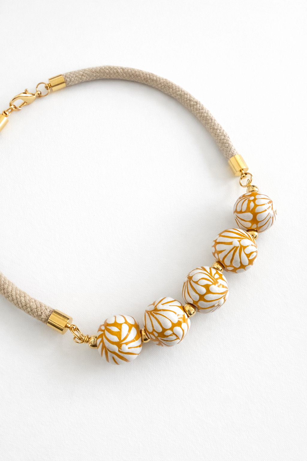 Talavera White &amp; Gold Ceramic Bead Necklace