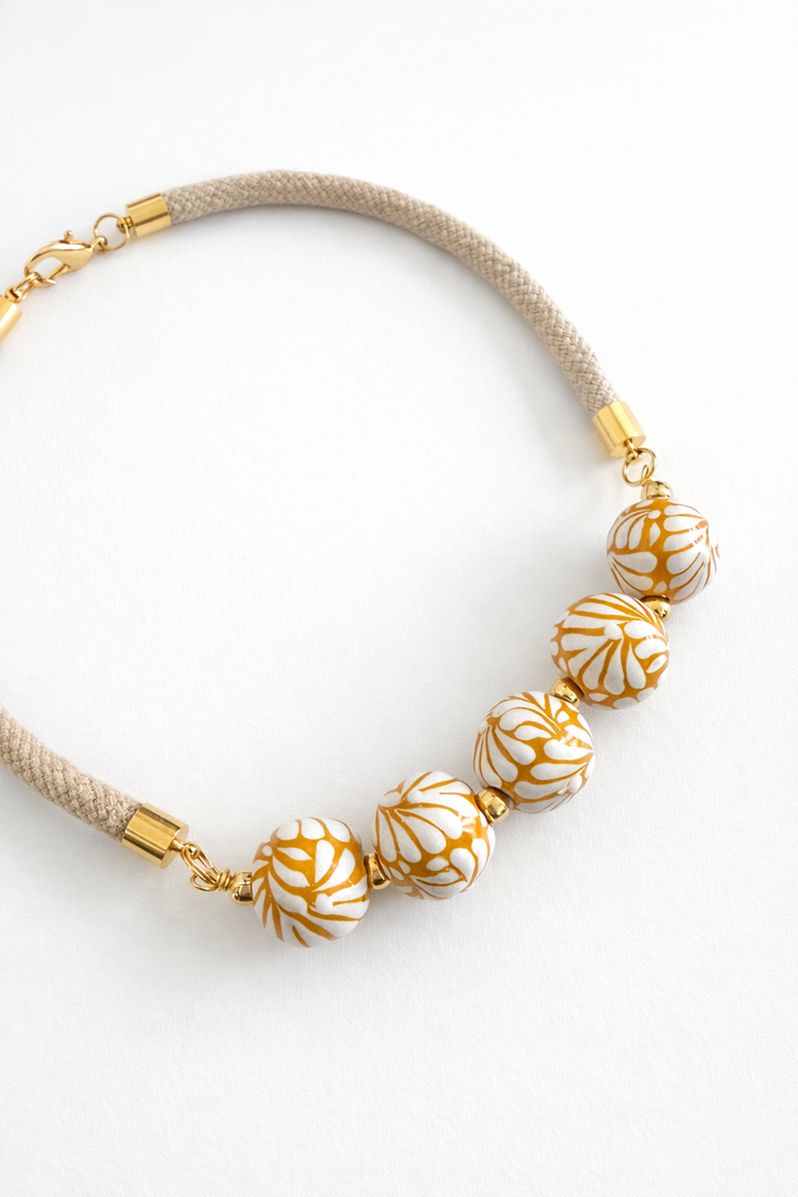 Talavera White &amp; Gold Ceramic Bead Necklace