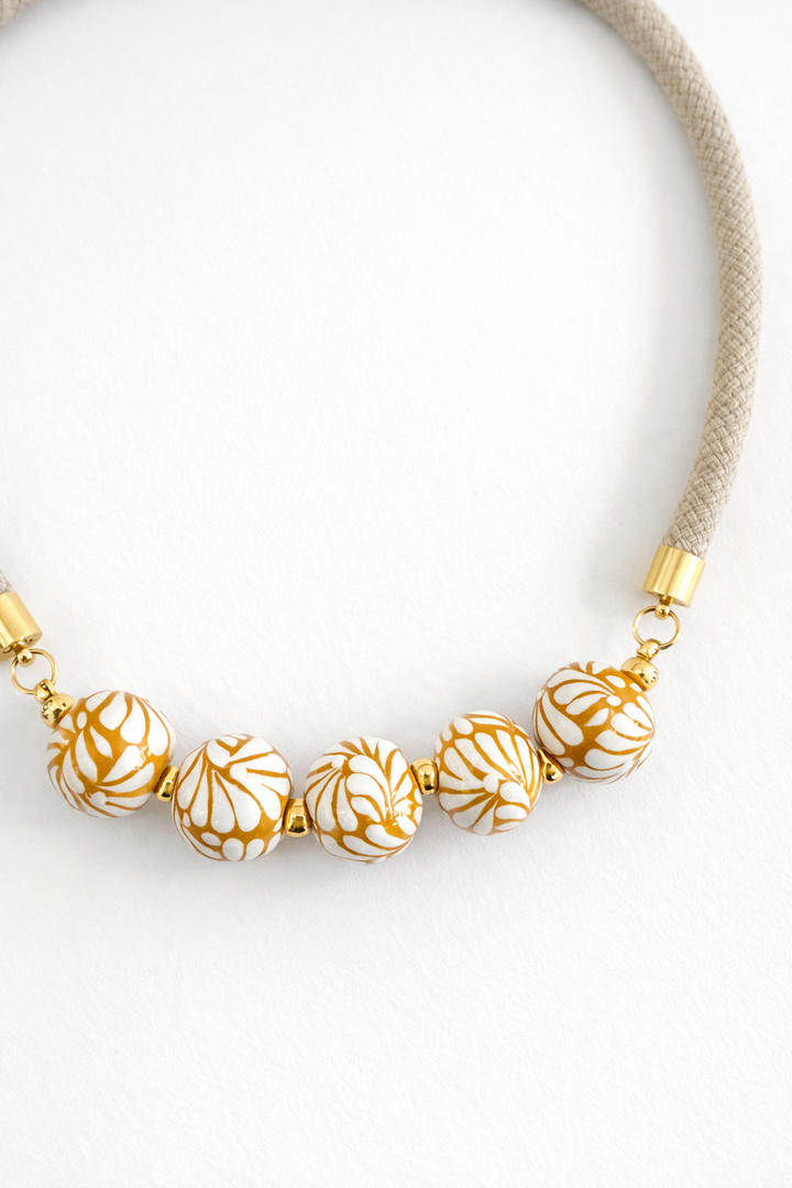Talavera White &amp; Gold Ceramic Bead Necklace