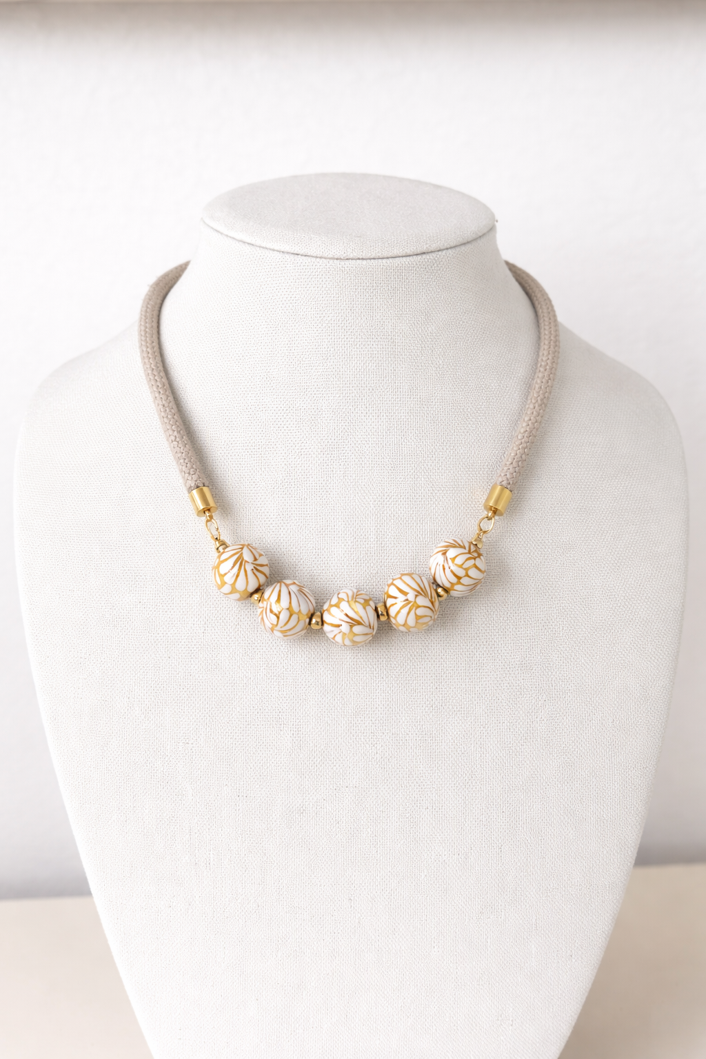Talavera White &amp; Gold Ceramic Bead Necklace