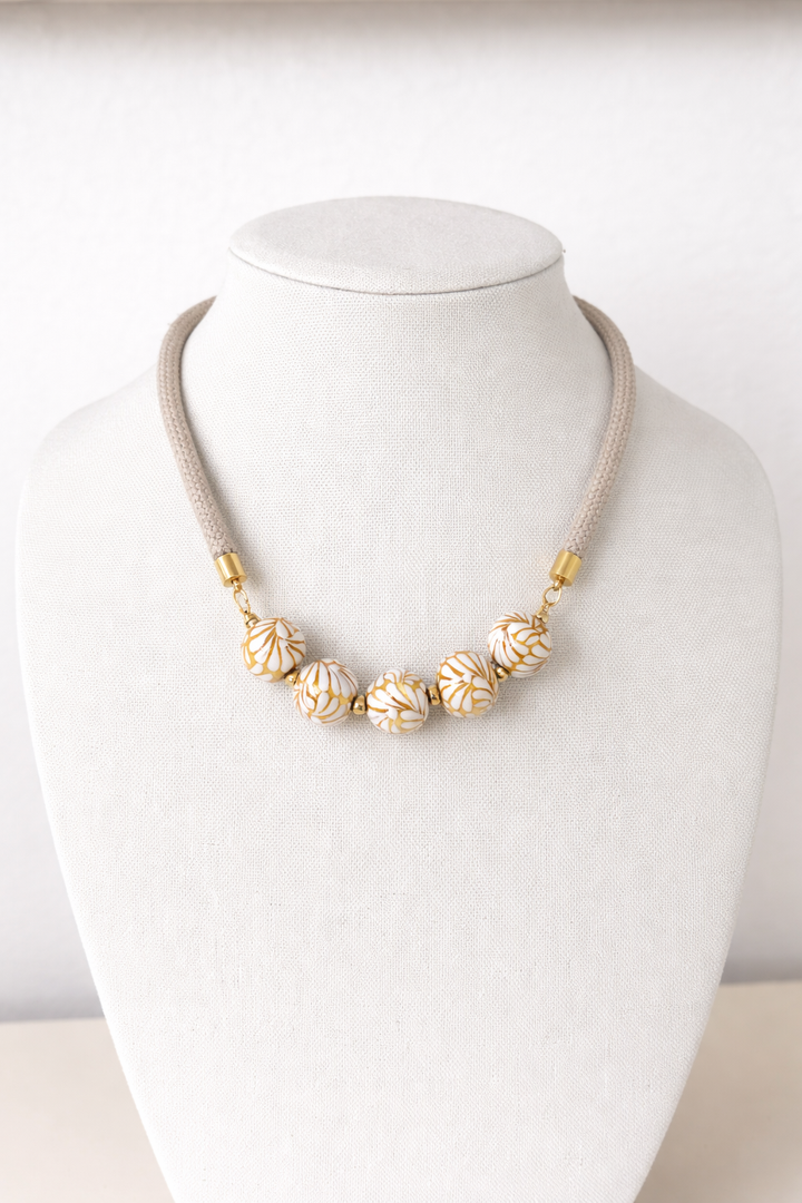 Talavera White &amp; Gold Ceramic Bead Necklace