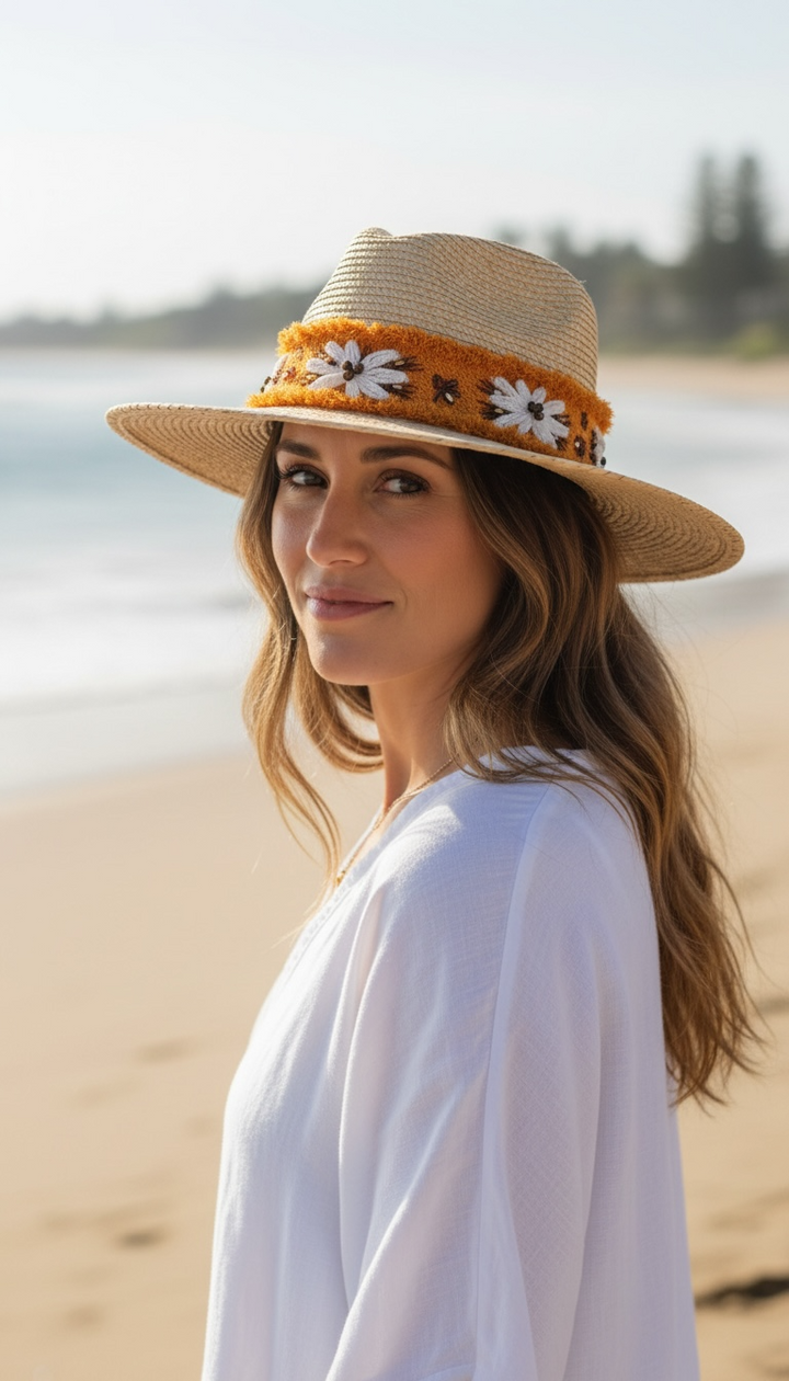 Embroidered Daisy Band Palm Hat