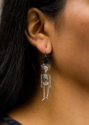 Calaca Mexican Silver Earrings with Black Rose