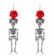 Calaca Mexican Silver Earrings with Red Rose