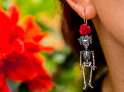 Calaca Mexican Silver Earrings with Red Rose