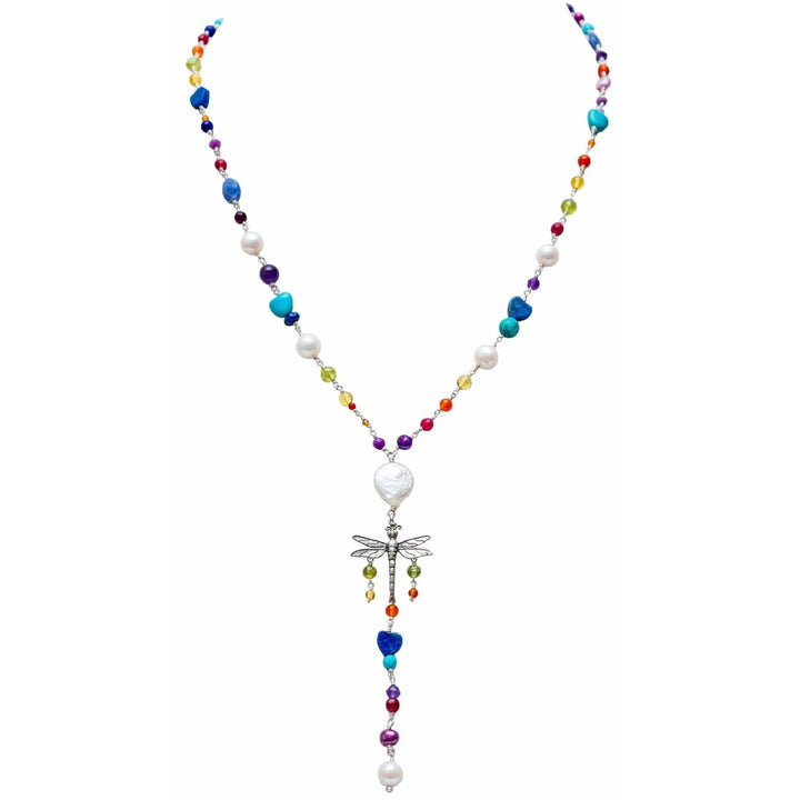 Colorful dragonfly gemstone necklace with Mexican silver pendant and freshwater pearls on white background