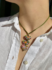 Handmade Triple Heart Shaped Necklace in Silky Green Cord from Puebla, Mexico.