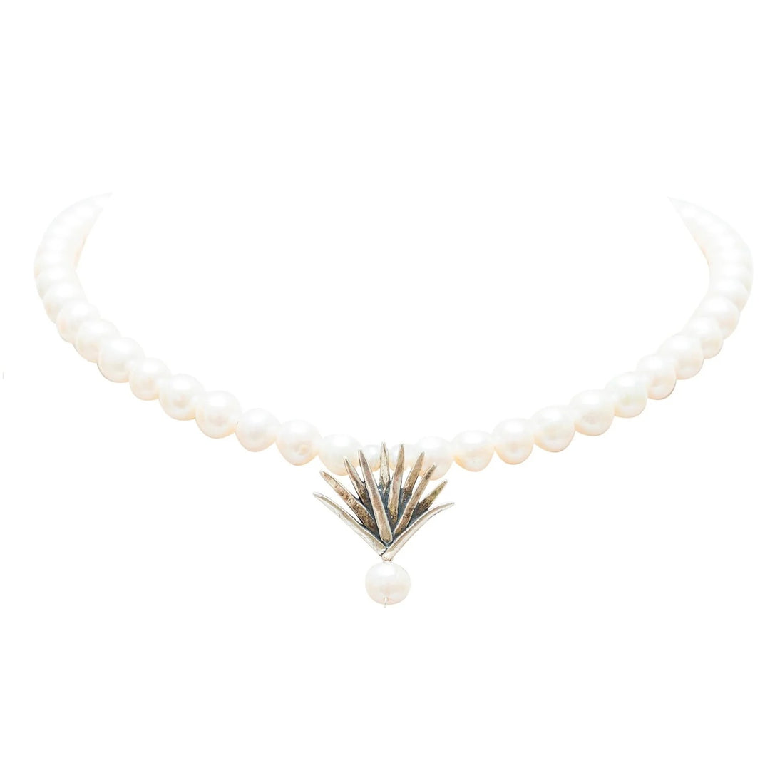Pearl agave necklace with Mexican silver pendant and pearl drop on white background