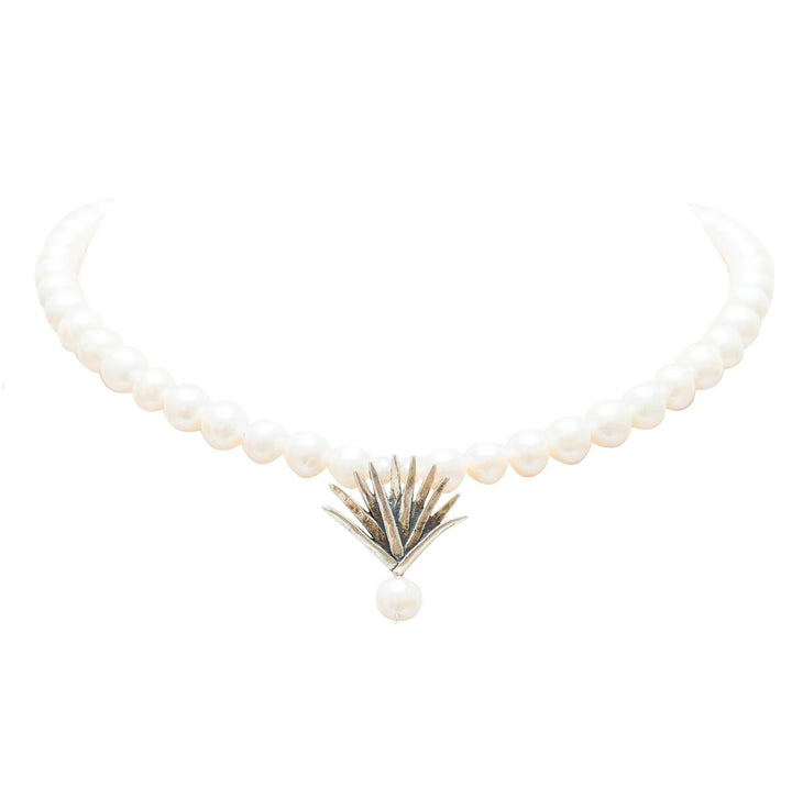 Pearl agave necklace with Mexican silver pendant and pearl drop on white background