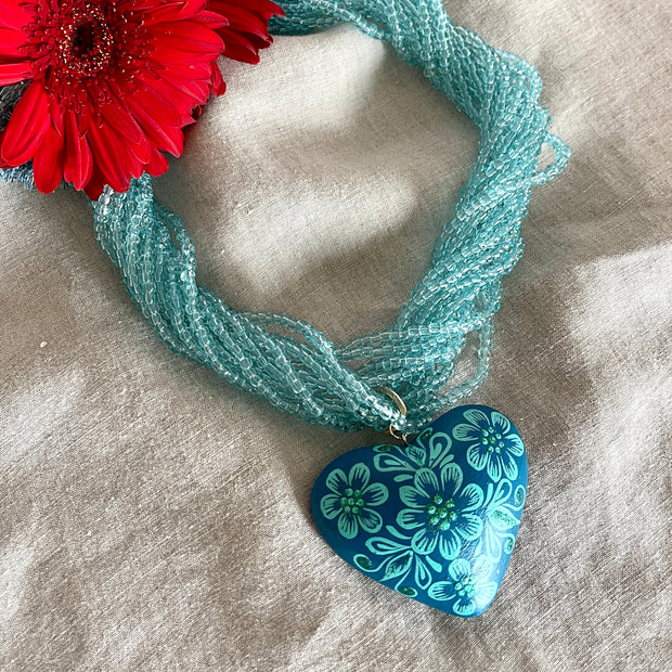 Hand Painted Heart Necklace in Soft Teal