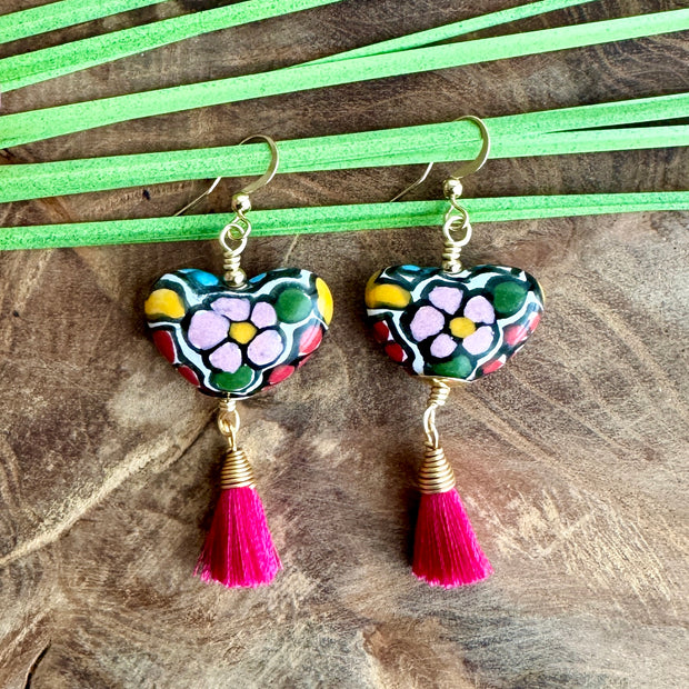 Handcrafted Talavera Pottery Heart Shaped Earrings with Colorful Tassels