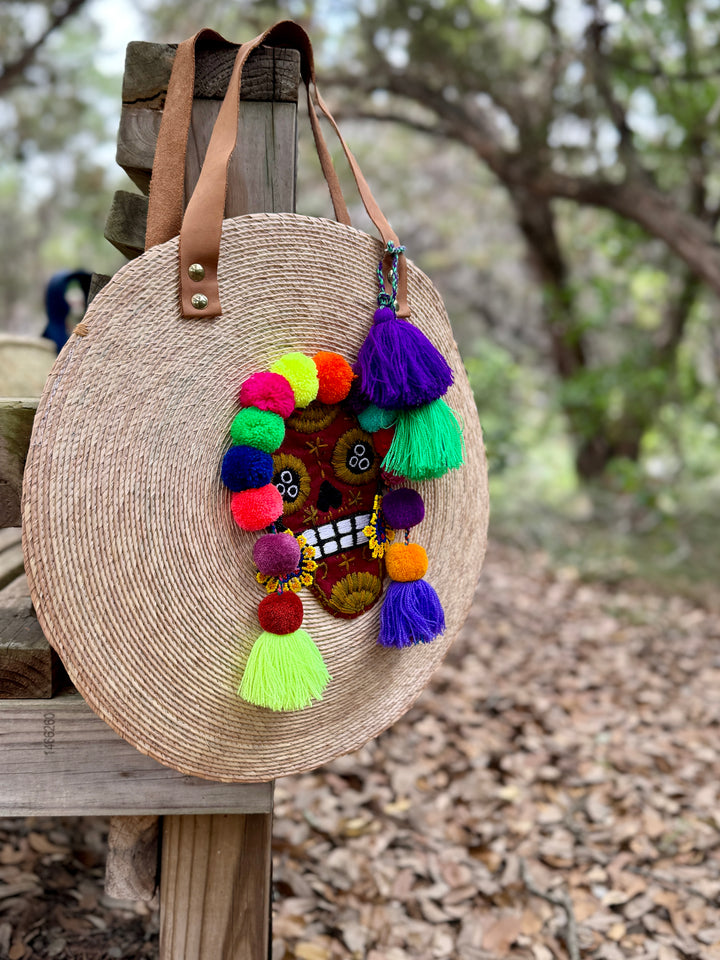 Hand Woven Calaca Round Straw Bag with Colorful Embellishments