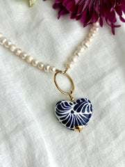 Pearl Necklace with Talavera Heart Pendant from Puebla.