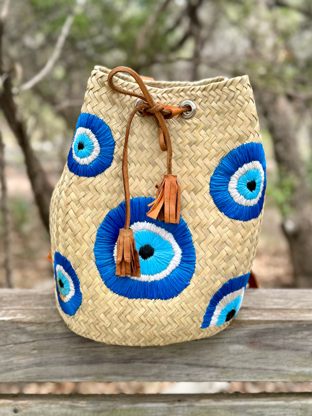 Evil Eye Embroidered Straw Backpack with Adjustable Leather Straps