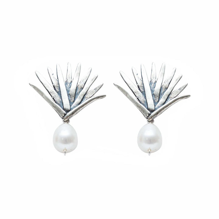 Handmade Mexican .925 silver agave pearl earrings on white background