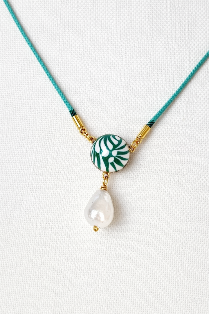 Green Talavera and Pearl Necklace