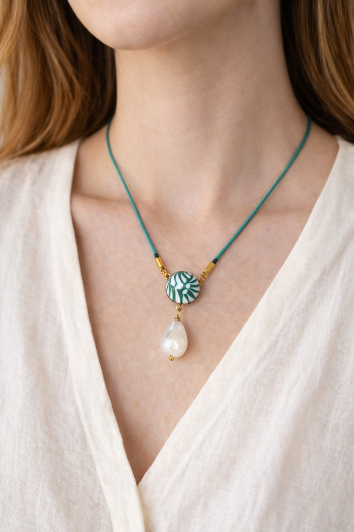 Green Talavera and Pearl Necklace
