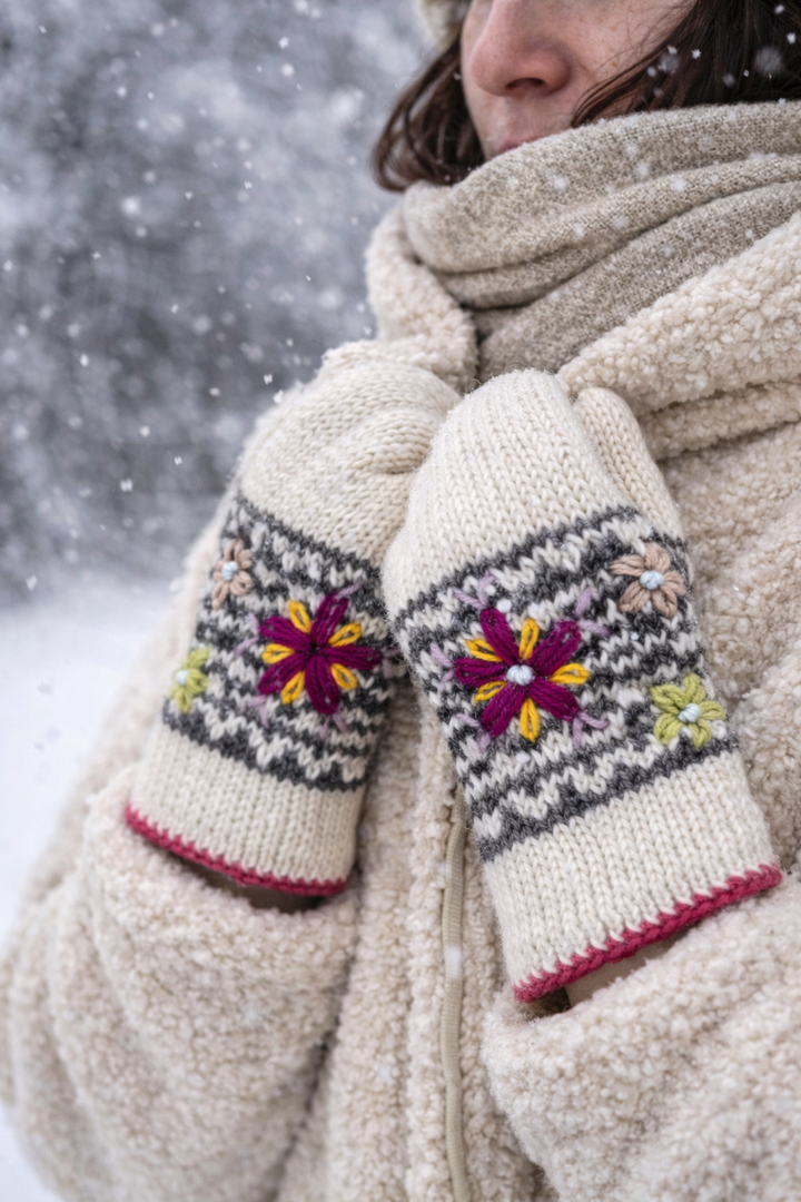 Blossom Embroidered Wool Mittens