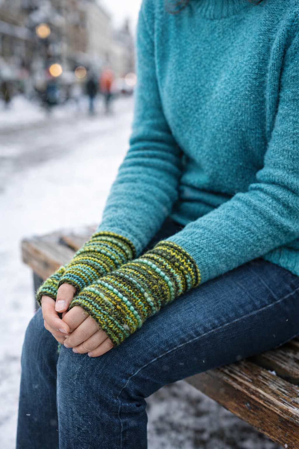 Green knitted fingerless mittens worn with blue sweater outdoors