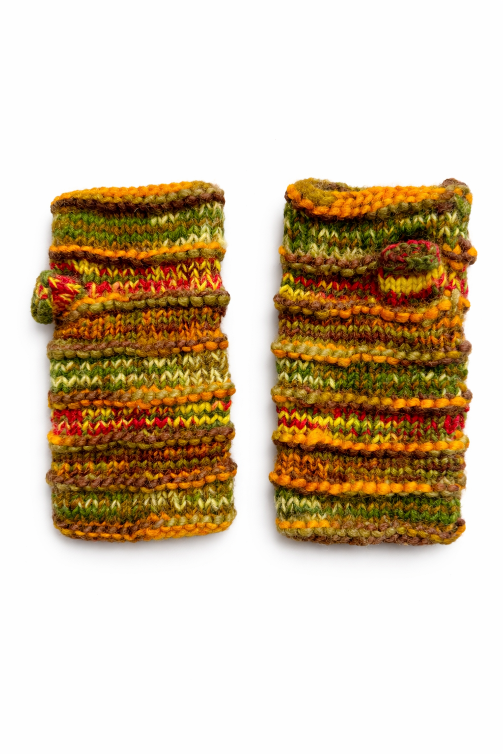 Orange ribbed wool fingerless mittens with fleece lining on white background
