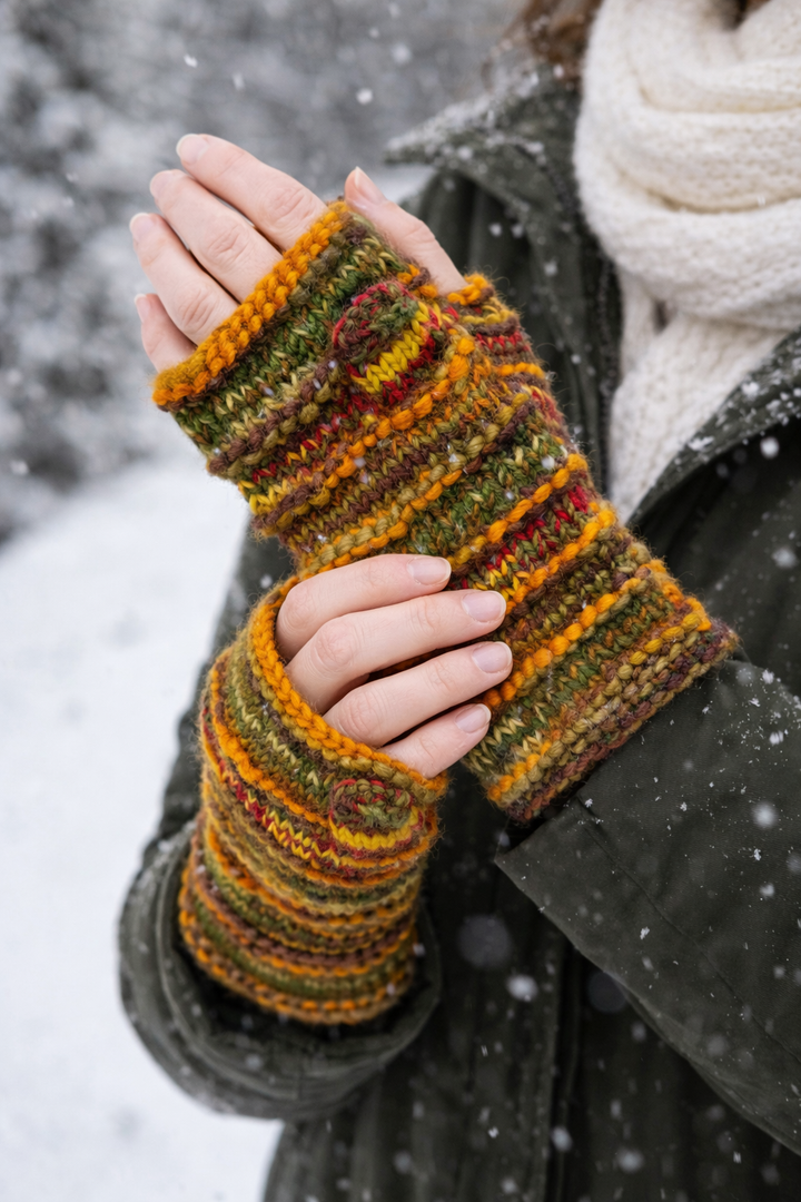 Orange knitted fingerless mittens styled with winter outfit