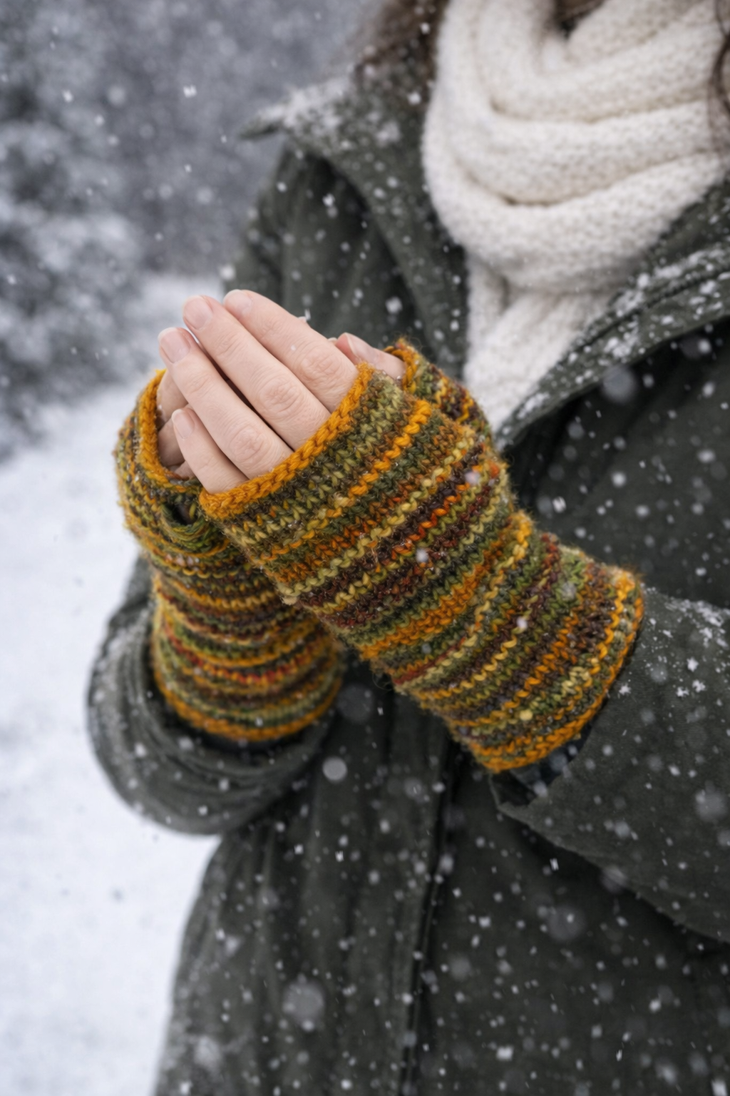 Orange wool hand warmers worn outdoors with cozy knit layers