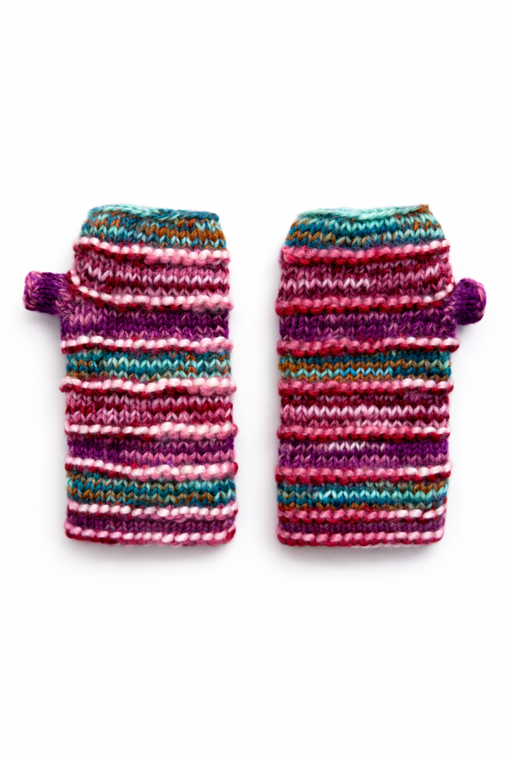 Burgundy ribbed wool fingerless mittens with embroidered detail on white background