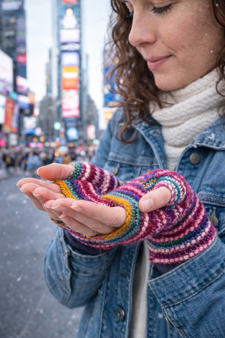 Burgundy knitted fingerless mittens styled with winter sweater