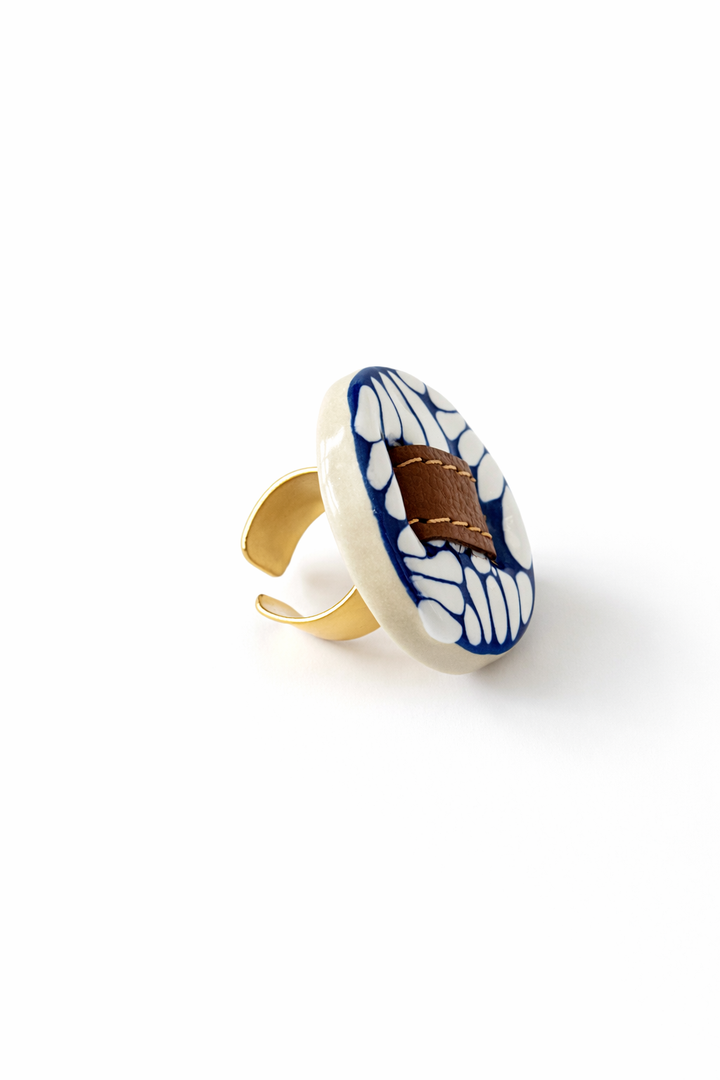 Puebla Talavera Pottery Ring with Genuine Leather Accents