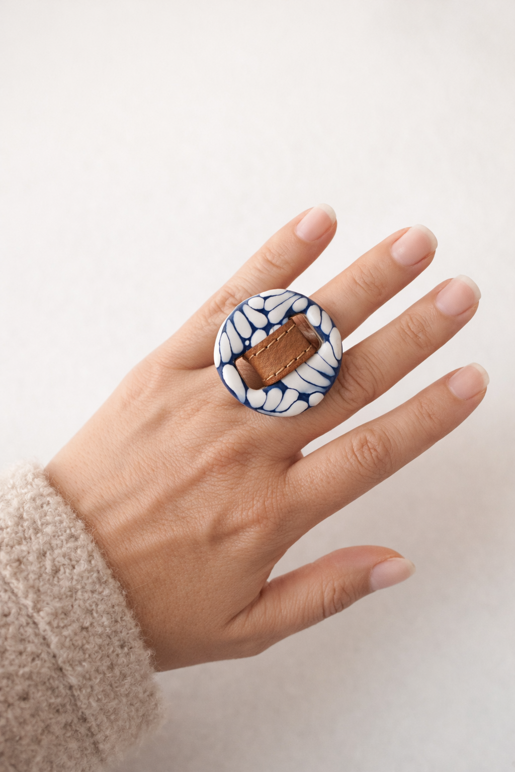 Puebla Talavera Pottery Ring with Genuine Leather Accents