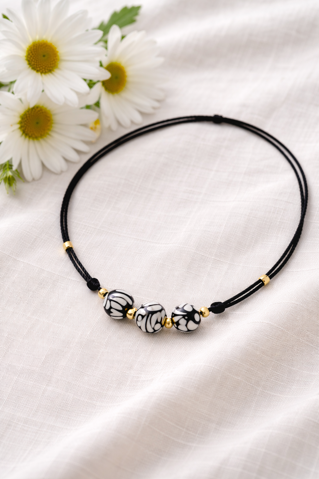 Black Talavera Necklace with Three Round Beads